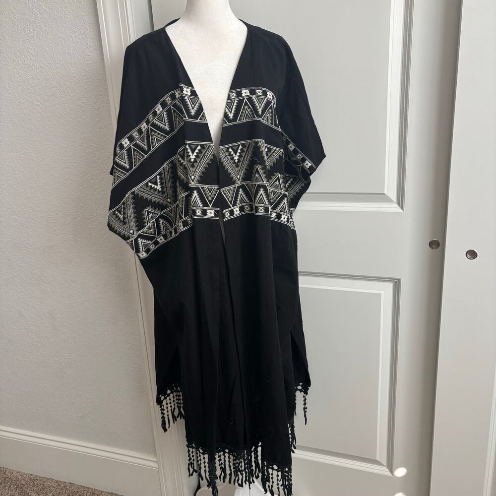 World Market Open Front Kimono‎ Linen Blend Embroidered Fringe Southwestern